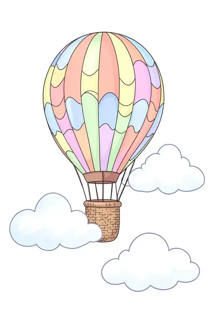 A simple line-art illustration of a pastel scalloped hot air balloon drifting near puffy clouds on a plain white background