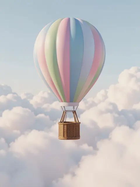 A striped pastel hot air balloon floats above soft fluffy cumulus clouds against a pale blue sky.