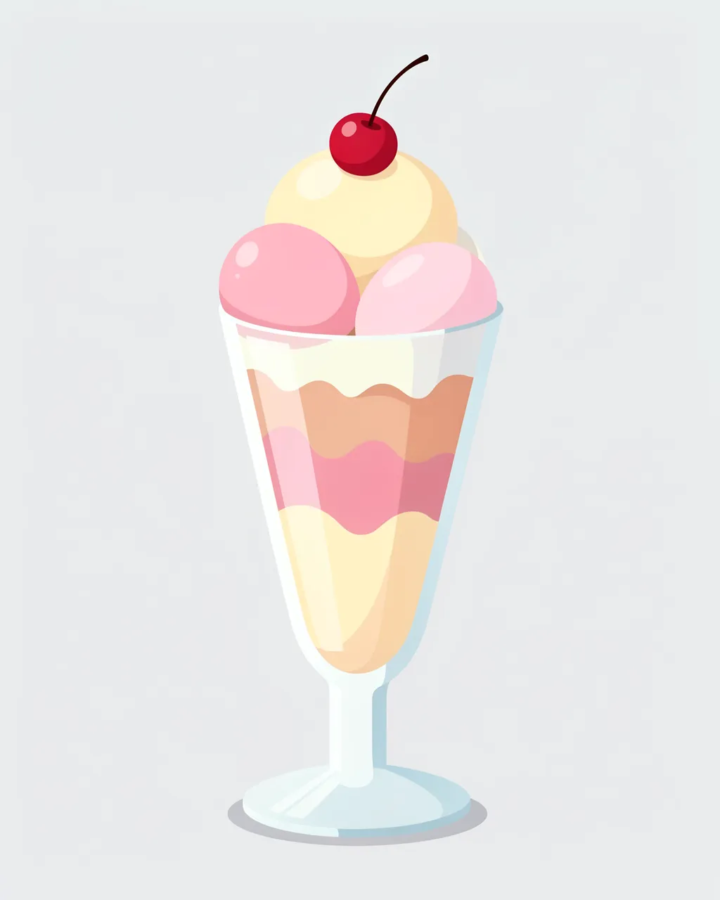 Flat vector illustration of a layered ice cream sundae topped with a cherry in a tall glass