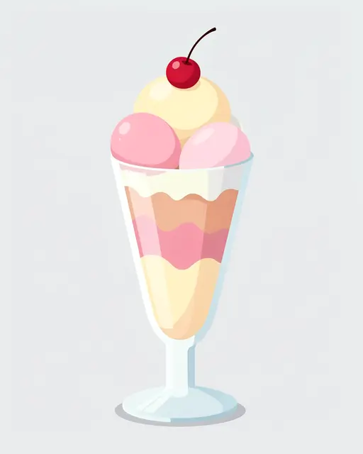 Flat vector illustration of a layered ice cream sundae topped with a cherry in a tall glass