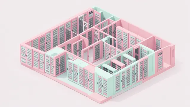 Isometric view of a pastel pink and mint data center server hall against a soft pale background