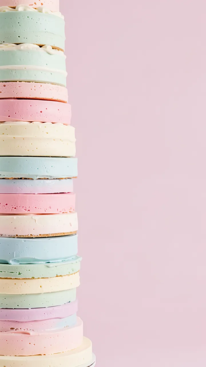 A tall stack of pastel cake layers sits on the left against a soft pink background with empty right copy space.
