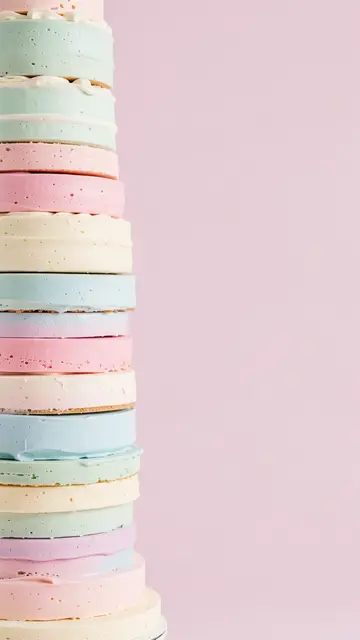 A tall stack of pastel cake layers sits on the left against a soft pink background with empty right copy space.