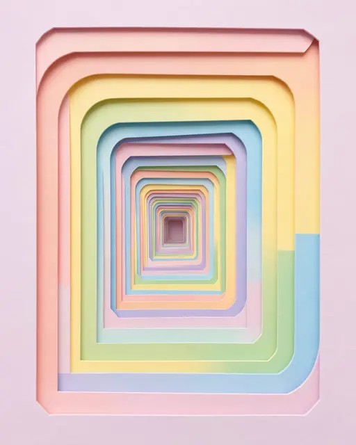 Receding nested layered paper cut portal in soft pastel rainbow tones on a pale pink background