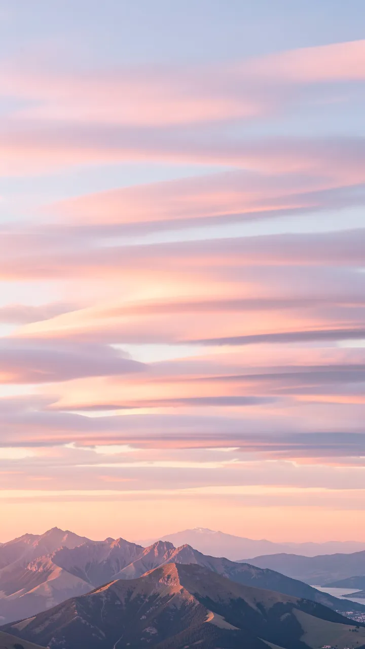 Layered pastel lenticular clouds stretch above rugged mountain peaks at soft dusk