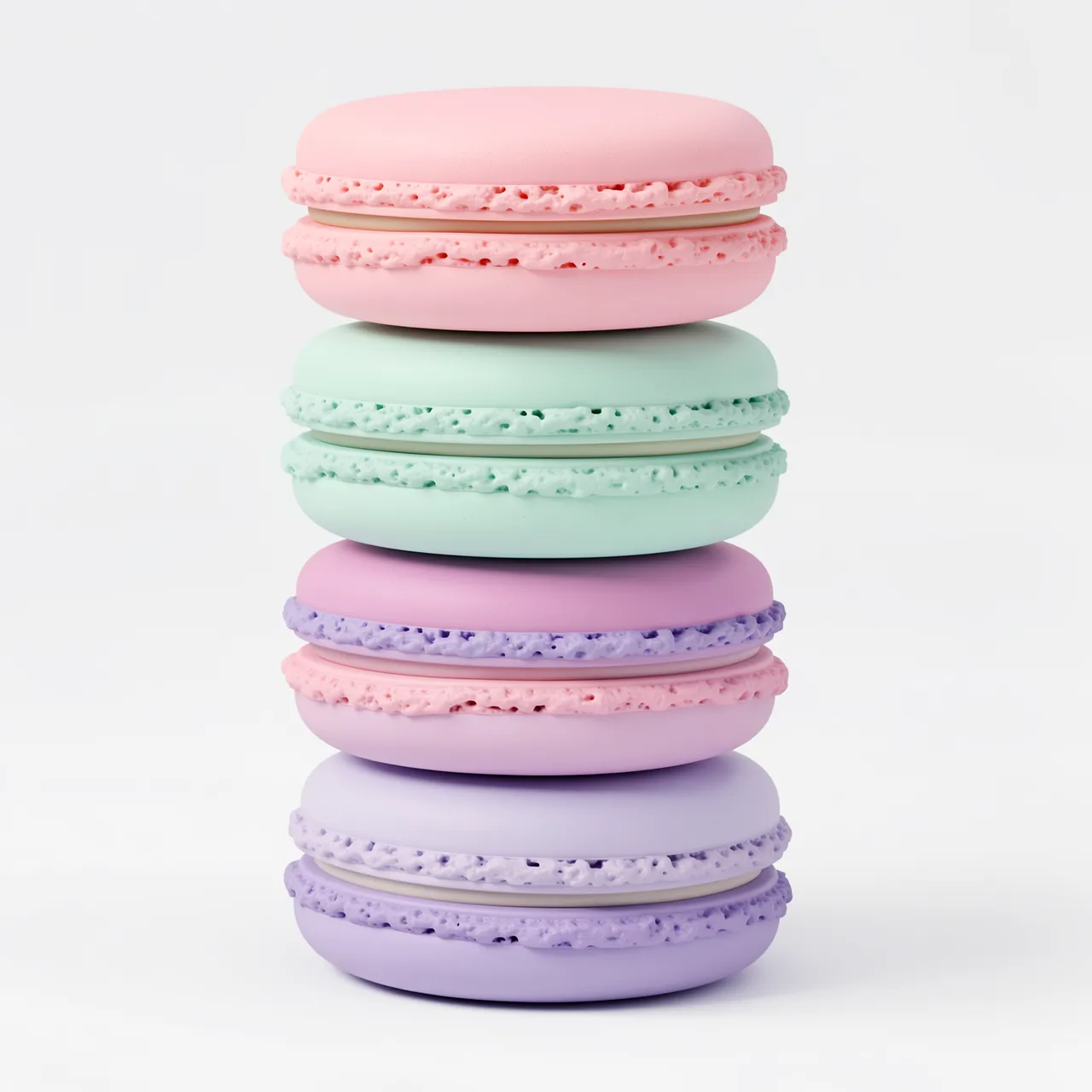 A neat vertical stack of pastel pink, mint and lilac 3D macarons against a plain white background.