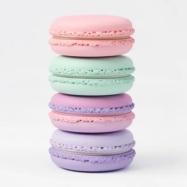 A neat vertical stack of pastel pink, mint and lilac 3D macarons against a plain white background.