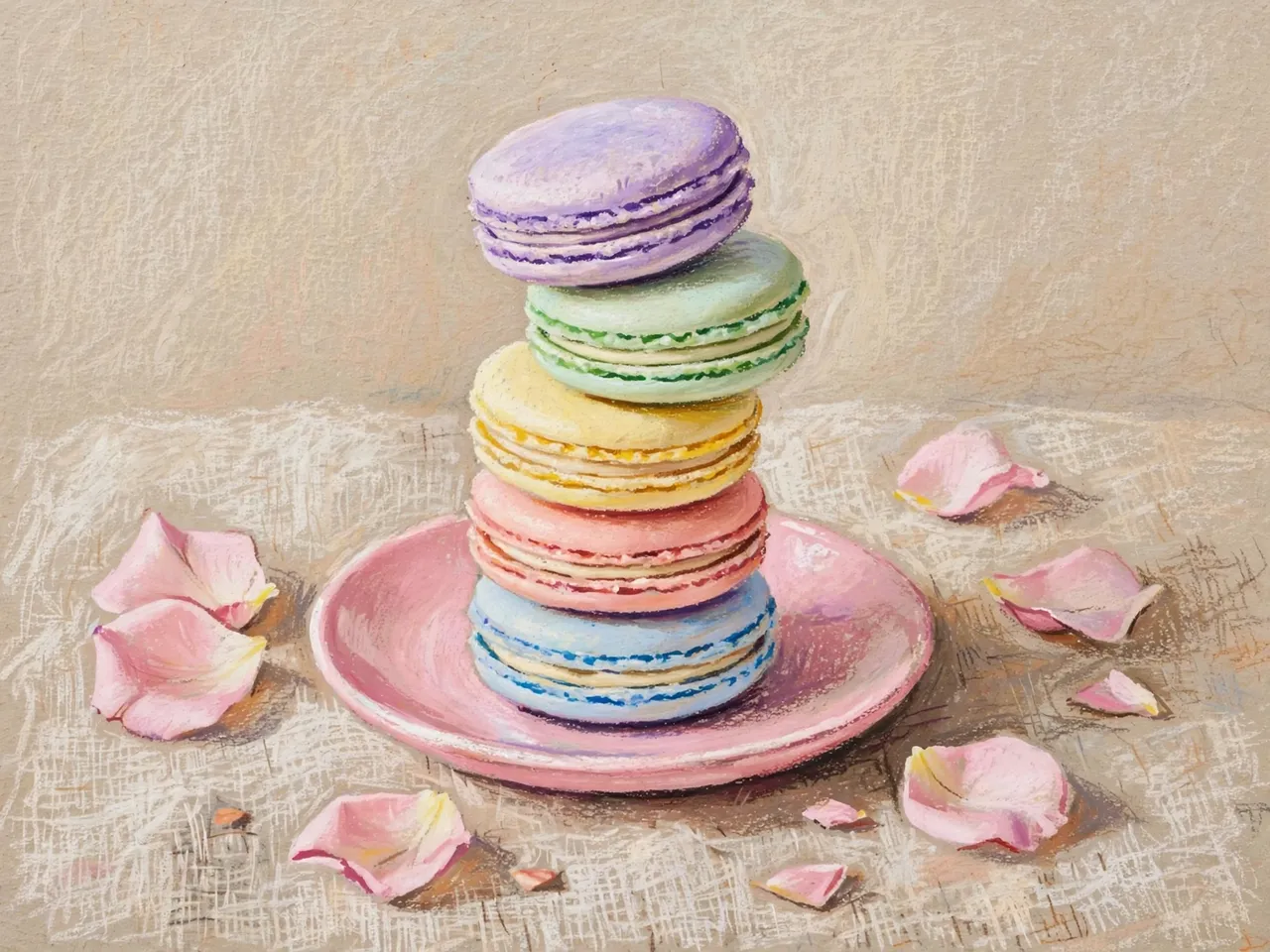 Oil pastel drawing of stacked pastel macarons on a pink plate with scattered rose petals