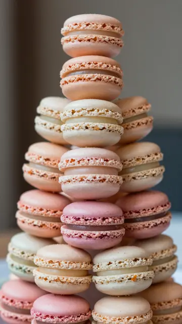 A vertical stacked tower of soft pastel colored macarons against a blurred neutral background