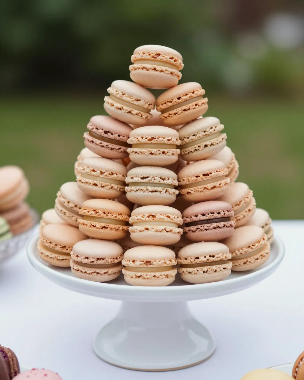 A tall pyramid of soft pastel macarons sits on a white cake stand atop a garden party table