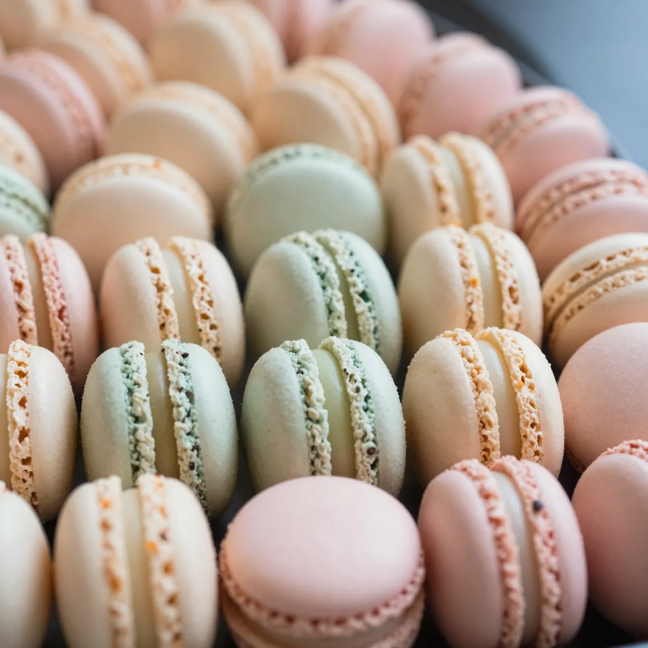 Close-up view of neatly arranged pastel pink, beige and mint green macarons in a tray