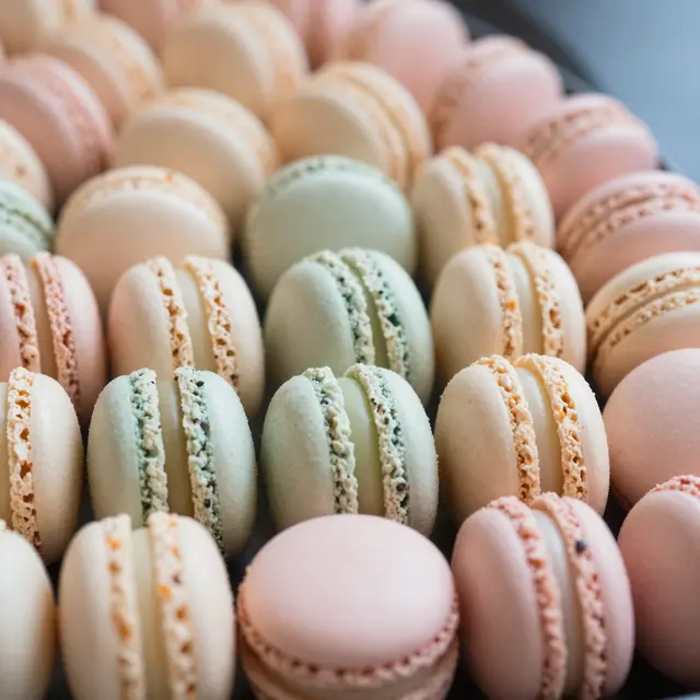 Close-up view of neatly arranged pastel pink, beige and mint green macarons in a tray