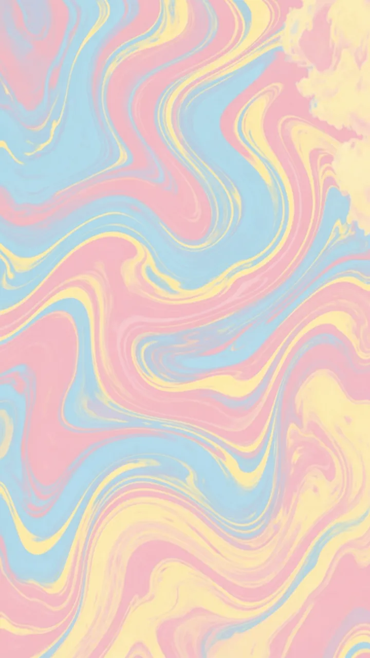Vertical abstract marbled pattern with soft swirling pink, sky blue, and butter yellow tones