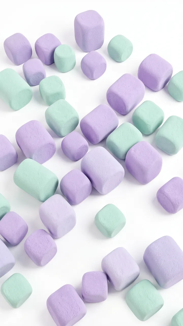 Soft rounded lilac and mint marshmallow-style cubes scattered across a plain white background