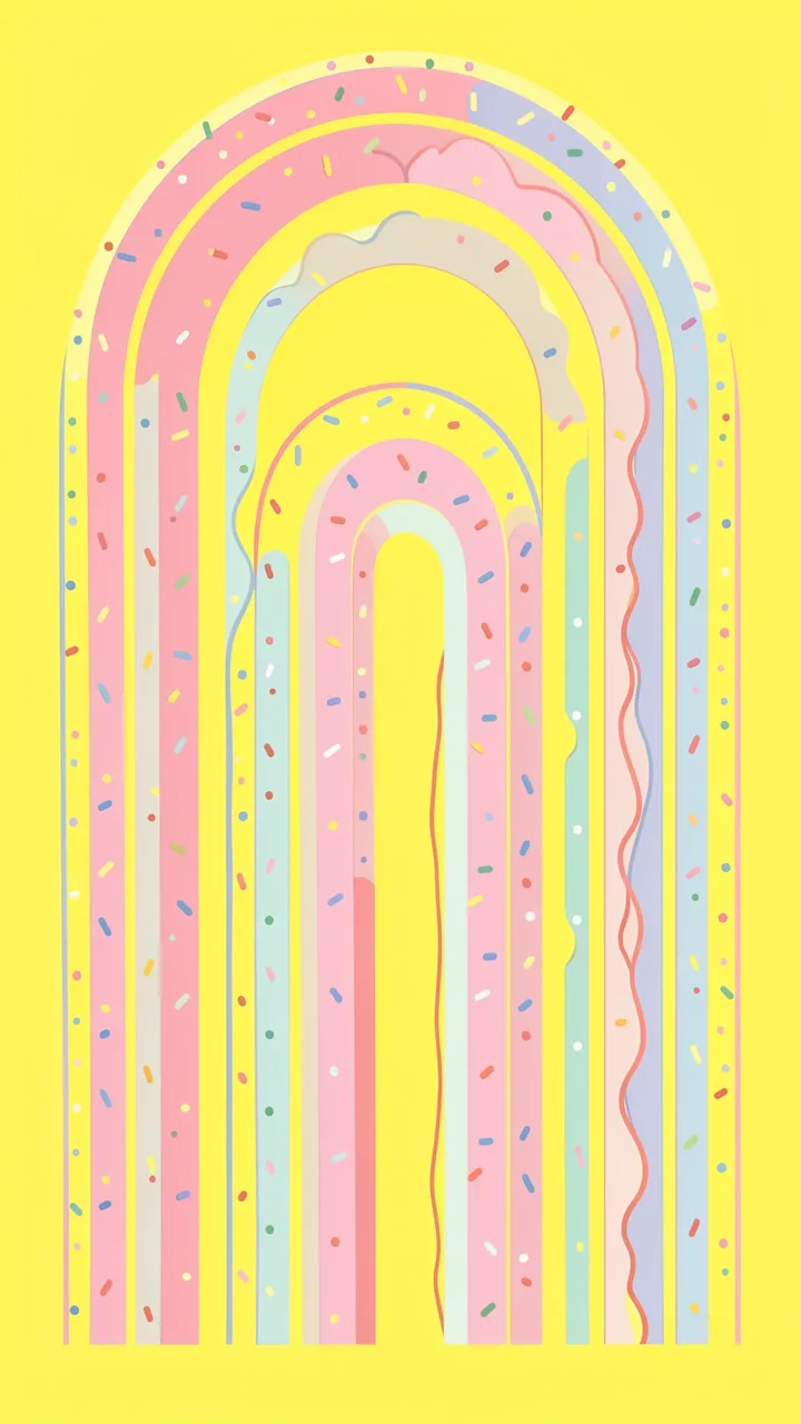 Vertical nested pastel memphis style arches with sprinkles on a bright lemon yellow background