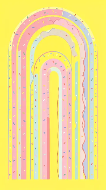 Vertical nested pastel memphis style arches with sprinkles on a bright lemon yellow background