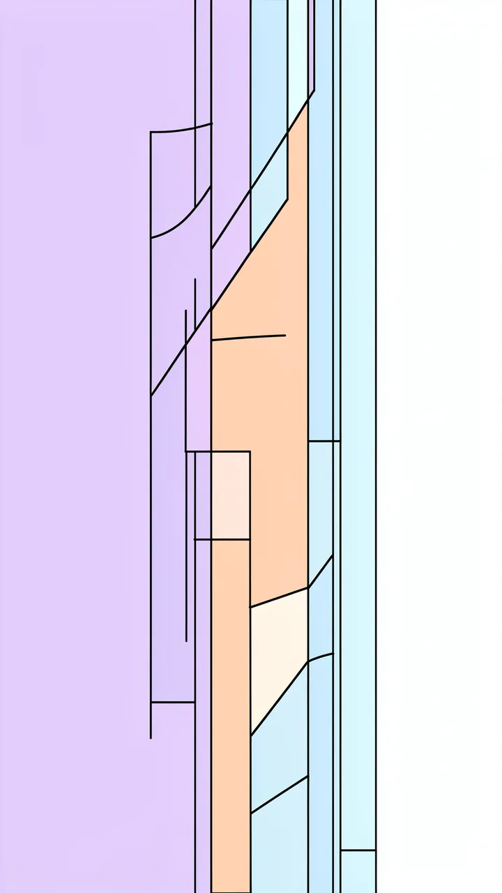 Vertical geometric Memphis-style shapes in soft lavender, peach and pale blue with thin black outlines