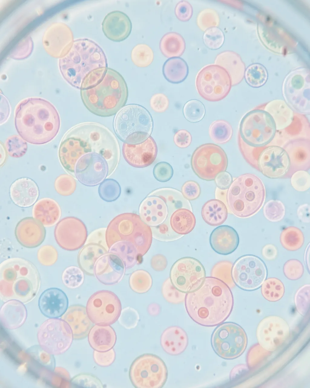 Microscope view of drifting round pastel colored microbes on a pale blue background