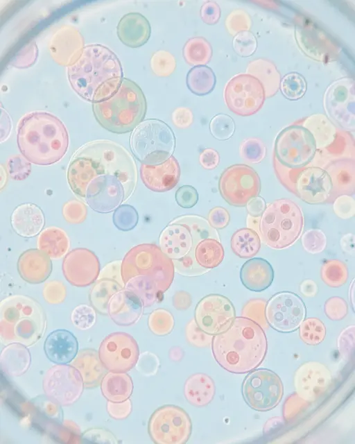 Microscope view of drifting round pastel colored microbes on a pale blue background
