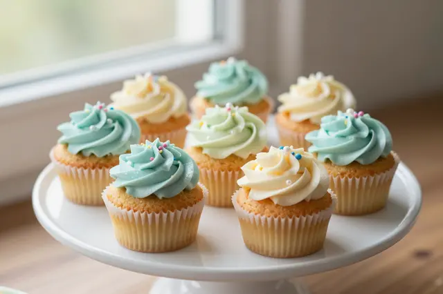 Assorted mini cupcakes with pastel buttercream and sprinkles sit on a white cake stand by a sunlit window.