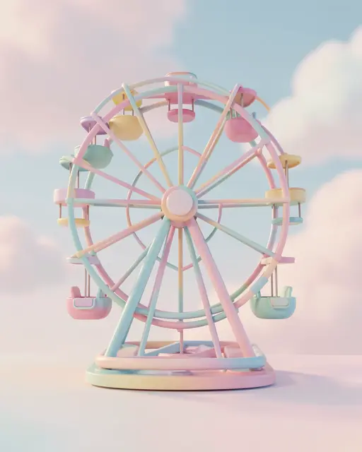 A cute 3D rendered pastel ferris wheel sits against a soft cloudy pastel sky