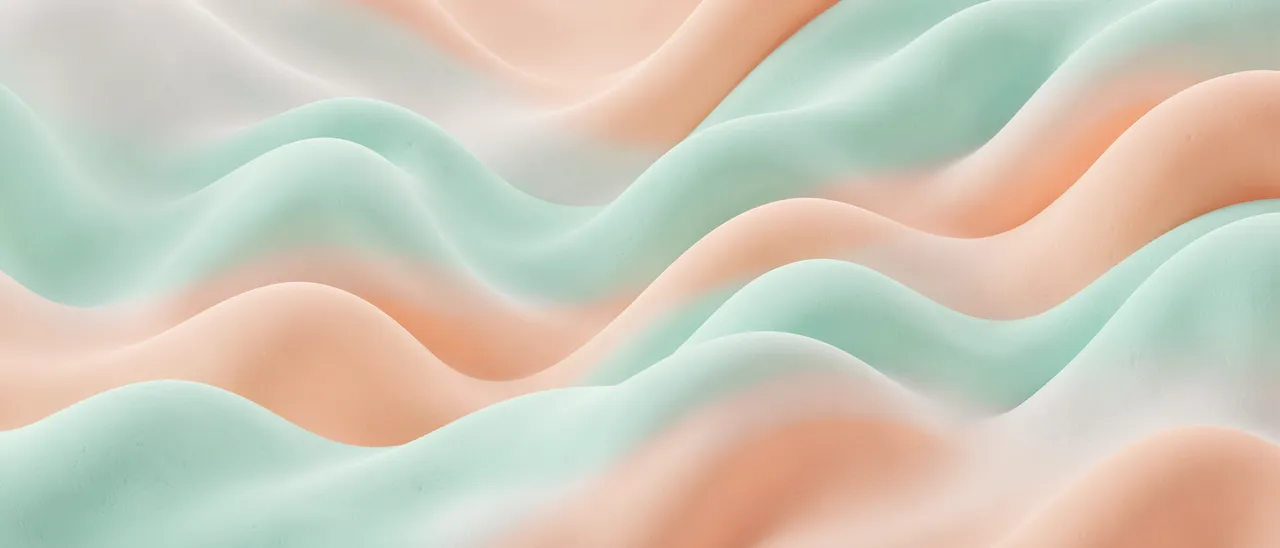 Smooth rolling soft 3D waves in blended mint, peach and pale neutral tones fill the frame