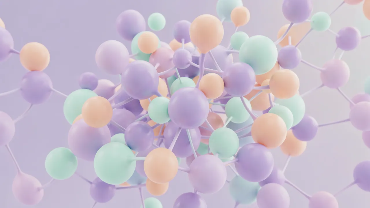 Glowing soft lilac, mint and peach linked spheres form an abstract 3D network structure