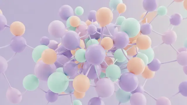 Glowing soft lilac, mint and peach linked spheres form an abstract 3D network structure
