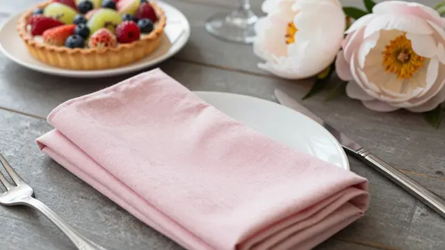 Set brunch table with pink linen napkin, mixed fruit tart, and pale pink peonies on a gray wood surface