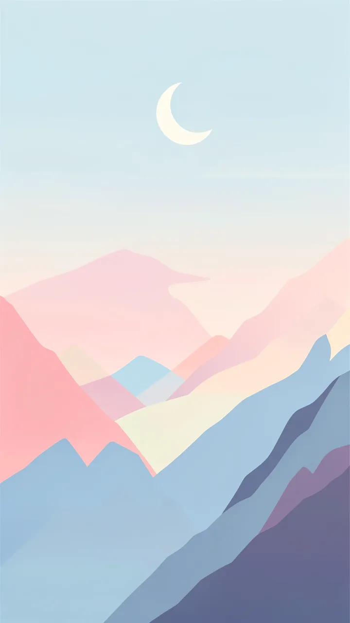Layered minimalist pastel mountain ranges under a pale sky with a small crescent moon