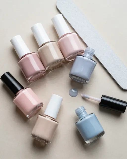 Top down flat lay of unlabeled pastel nail polish bottles, a nail file, and a small spilled polish drop on a neutral beige