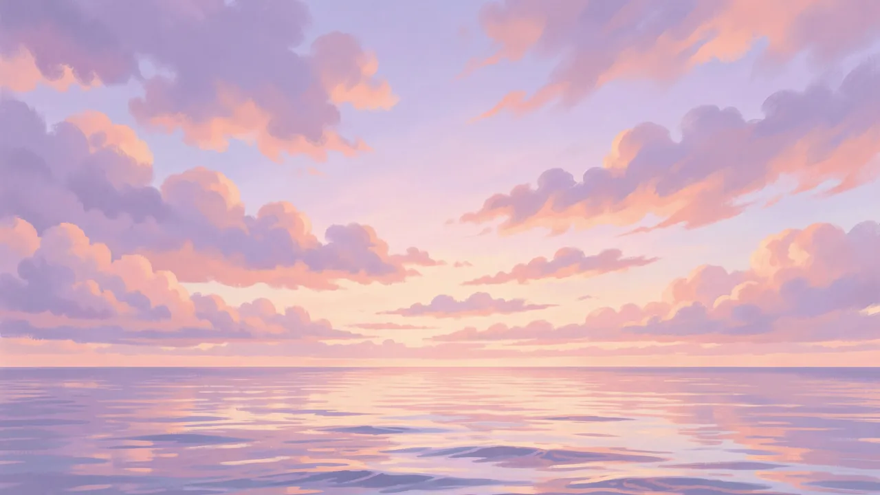 Soft lilac and apricot clouds drift over a calm, reflective pastel sea at sunset