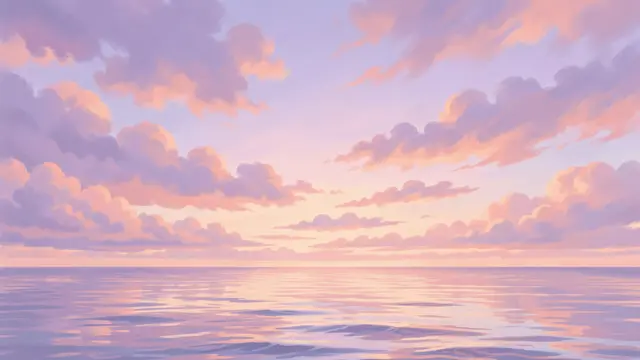 Soft lilac and apricot clouds drift over a calm, reflective pastel sea at sunset