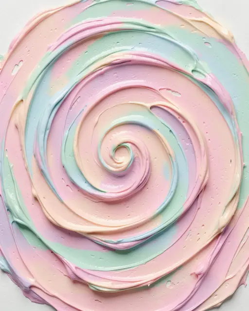 A close-up top view of thick swirled pastel paint with a whipped frosting texture arranged in a tight spiral.