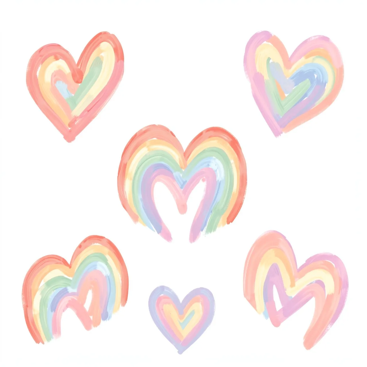 Loosely spaced hand-painted lopsided rainbow hearts in soft pastel hues on a plain white background