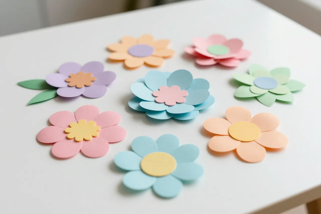 Handmade pastel paper cut flowers arranged neatly on a smooth white tabletop