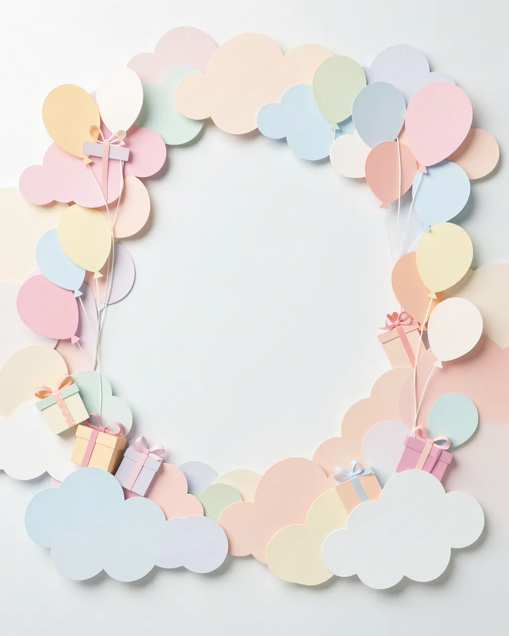 Layered pastel paper cutout wreath of clouds, balloons and gift boxes with a blank empty center for copy space
