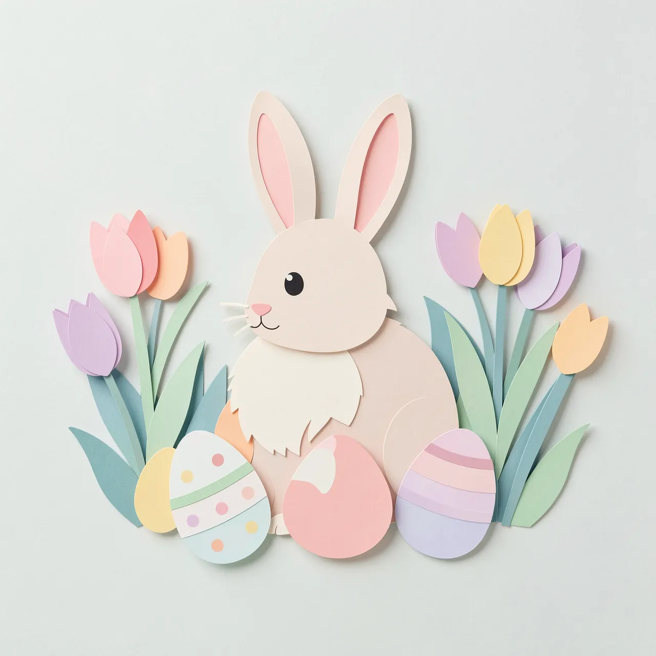 Layered paper cut illustration of an Easter bunny, decorated eggs, and pastel tulips on a pale neutral background