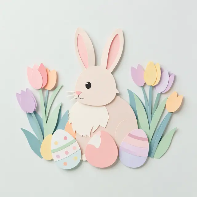 Layered paper cut illustration of an Easter bunny, decorated eggs, and pastel tulips on a pale neutral background