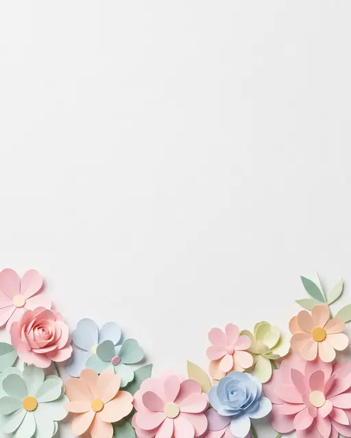 Delicate pastel paper cut flowers arranged along the bottom edge of a plain light off-white background with empty copy space