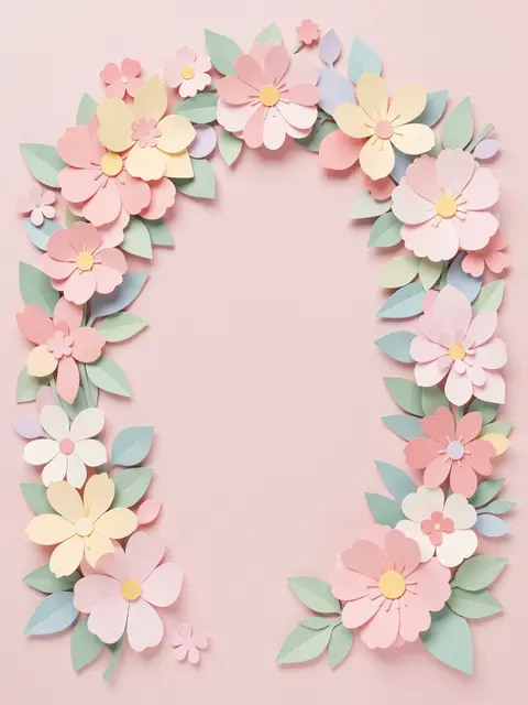 Layered paper cut flowers and leaves form an arch frame around an empty pale pink center