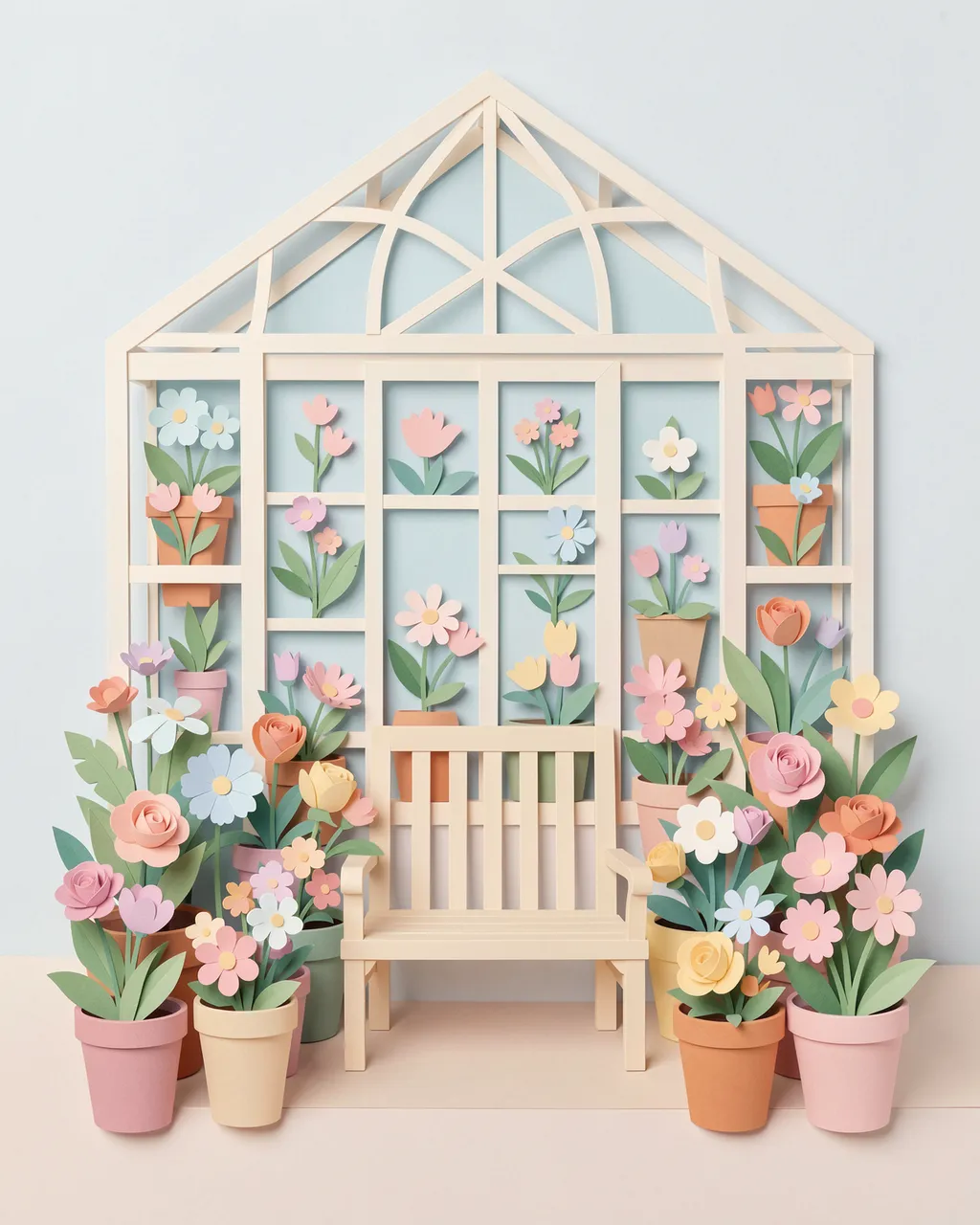 Layered paper cut illustration of a pastel greenhouse filled with potted flowers and a small wooden bench