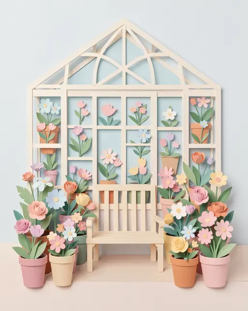 Layered paper cut illustration of a pastel greenhouse filled with potted flowers and a small wooden bench
