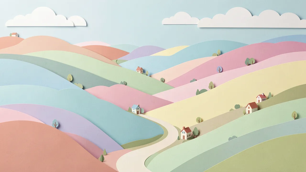 Layered paper cut illustration of rolling pastel hills with a winding path, tiny houses, and stylized clouds