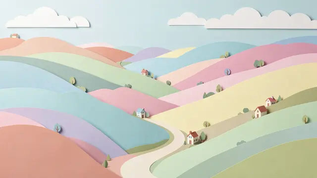 Layered paper cut illustration of rolling pastel hills with a winding path, tiny houses, and stylized clouds