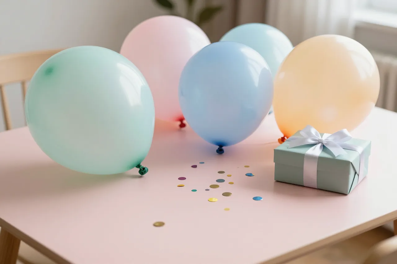 Colorful pastel balloons, scattered confetti, and a wrapped gift box sit on a light pink tabletop.