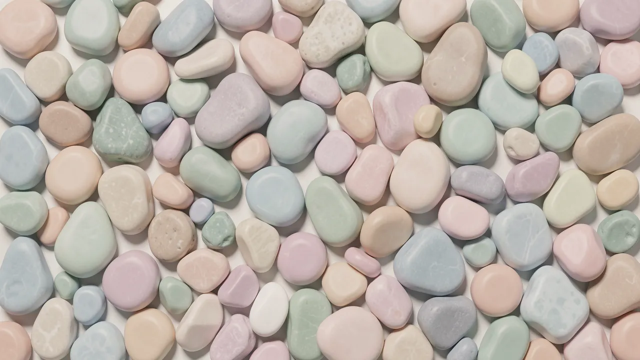 Smooth rounded pebbles in soft muted pastel tones scattered across a pale neutral base