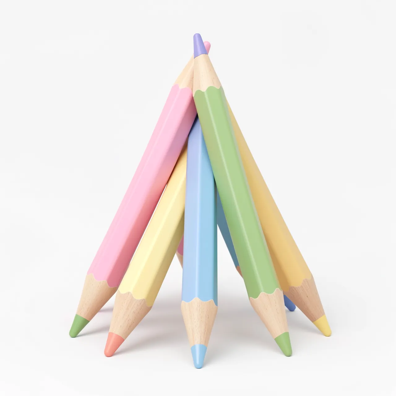 Five pastel colored pencils leaning together to form a stable pyramid on a plain white background