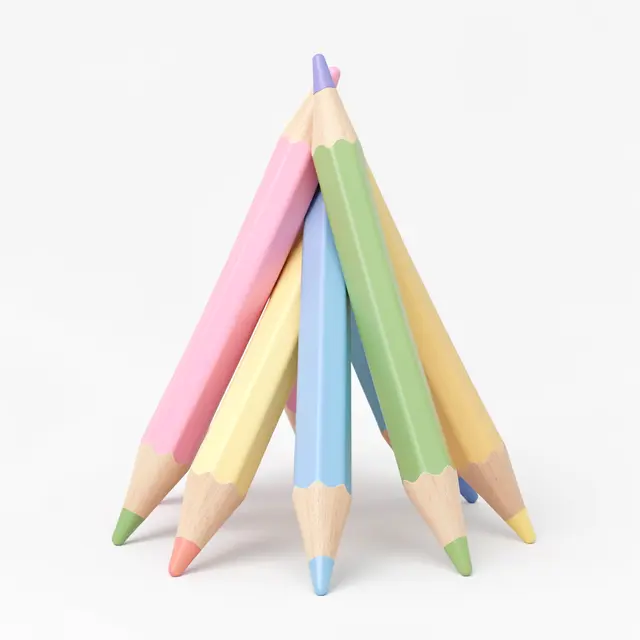 Five pastel colored pencils leaning together to form a stable pyramid on a plain white background