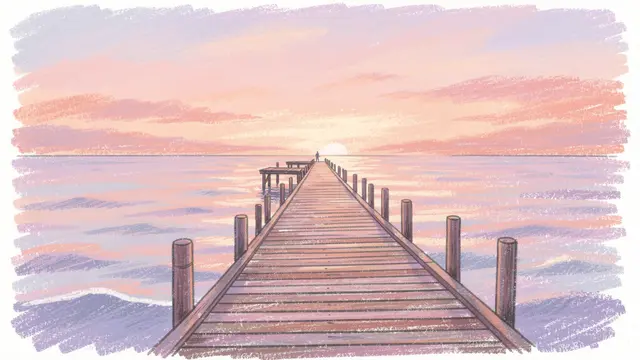 Soft pastel chalk drawing of a wooden pier stretching over calm sea under a peach and lilac sunset sky